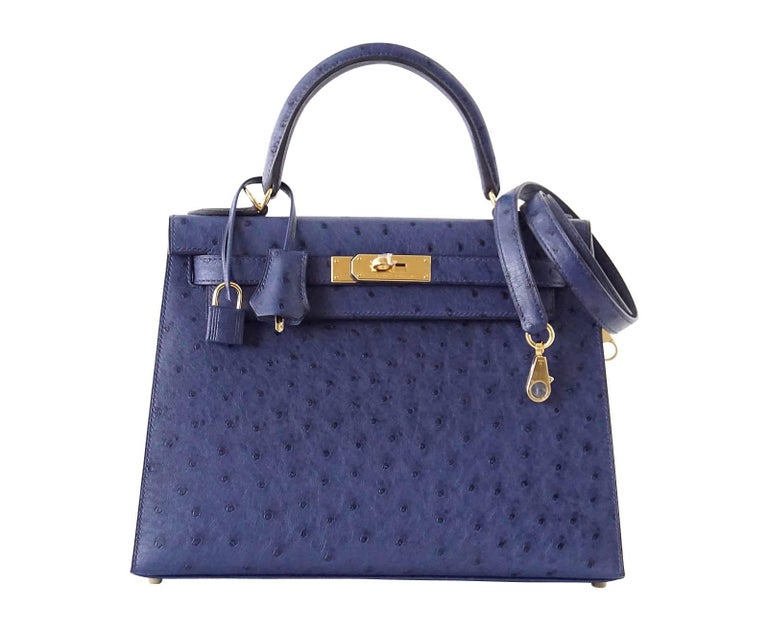 Women's Sapphire Blue Ostrich Grained Leather Hermes Kelly Top Handle Tote  Bag Gold Plated Hardware