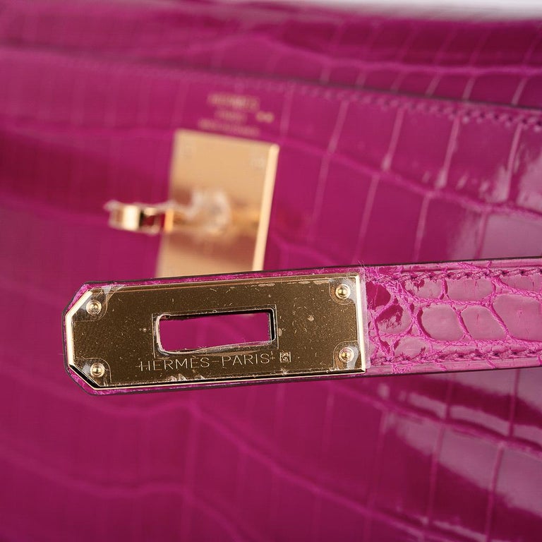 Pretty Hermes Shiny Crocodile Kelly Bag28CM in Rose Peach Gold Hardware