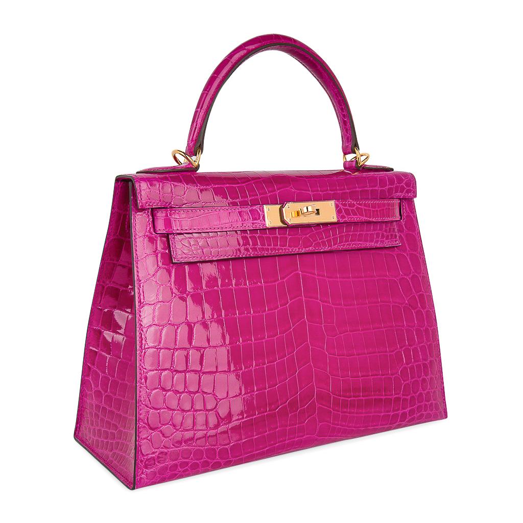 Pink Hermes Kelly 28 Sellier Bag Rose Scheherazade Crocodile Gold Hardware
