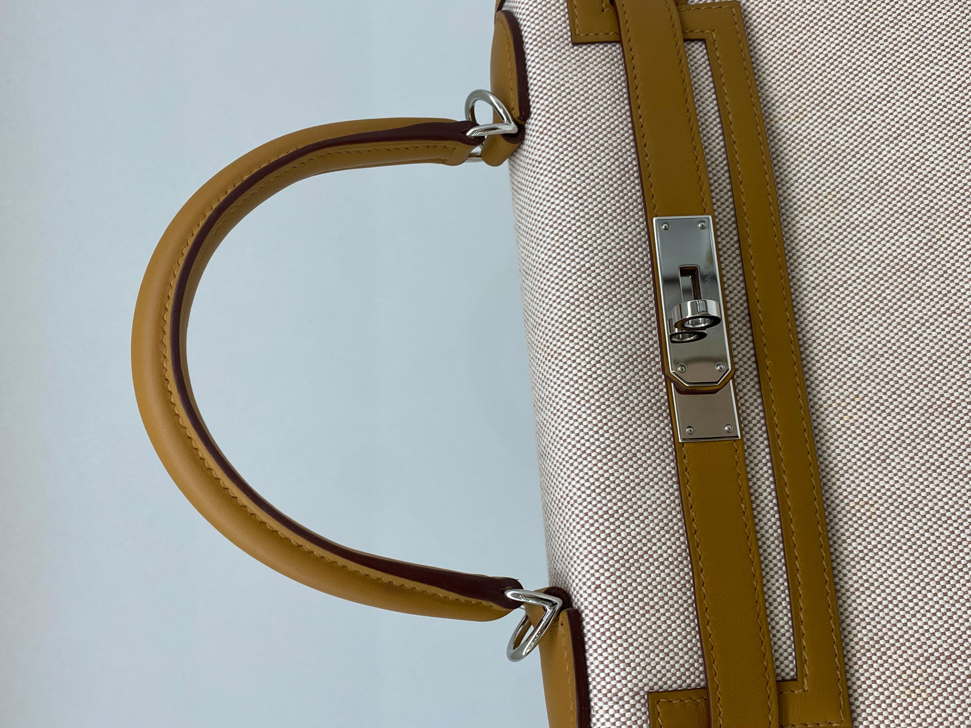 Brown Hermes Kelly 28 Sellier Beige/Sesame Canvas PHW For Sale