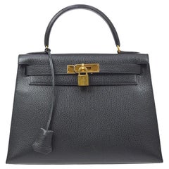 HERMES Kelly 28 Sellier Black Leather Gold Evening Top Handle Tote Bag