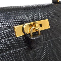 HERMES Kelly 28 Sellier Black Lizard Exotic Gold Top Handle Satchel Shoulder Bag