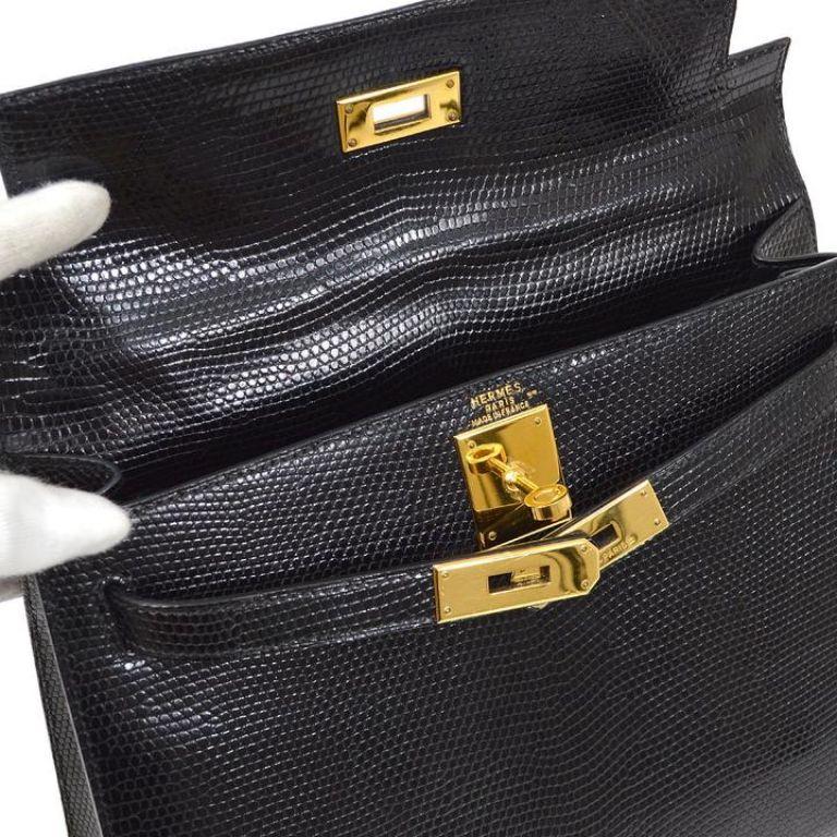 HERMES Kelly 28 Sellier Black Lizard Exotic Gold Top Handle Satchel Shoulder Bag In Good Condition For Sale In Chicago, IL
