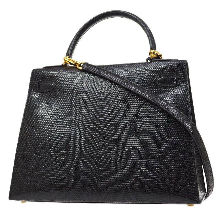 HERMES Kelly 28 Sellier Black Lizard Exotic Gold Top Handle Satchel Shoulder Bag In Good Condition In Chicago, IL