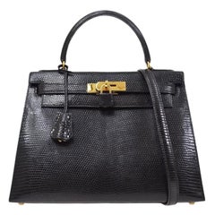 HERMES Kelly 28 Sellier Black Lizard Exotic Gold Top Handle Satchel Shoulder Bag