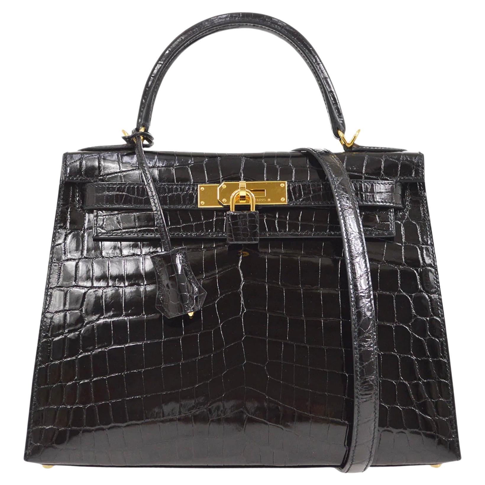 HERMES Kelly 28 Sellier Black Niloticus Crocodile Exotic Leather Gold Tote Bag