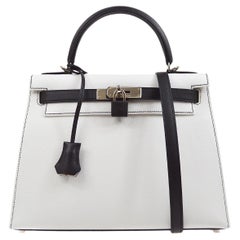 HERMES Kelly 28 Sellier Black White Epsom Leather Palladium Hardware Tote Bag