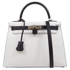 HERMES Kelly 28 Sellier Black White Epsom Leather Palladium Hardware Tote Bag 