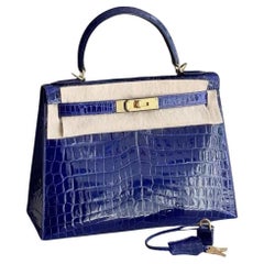 Hermes Kelly 28 Sellier Bleu Electrique Shiny Niloticus Crocodile Bag  with GHW