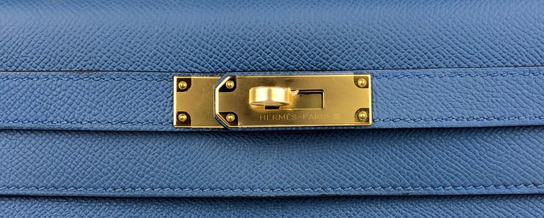 Hermes Kelly 28 Sellier Blue Agate Epsom Leather Gold Hardware For Sale 1