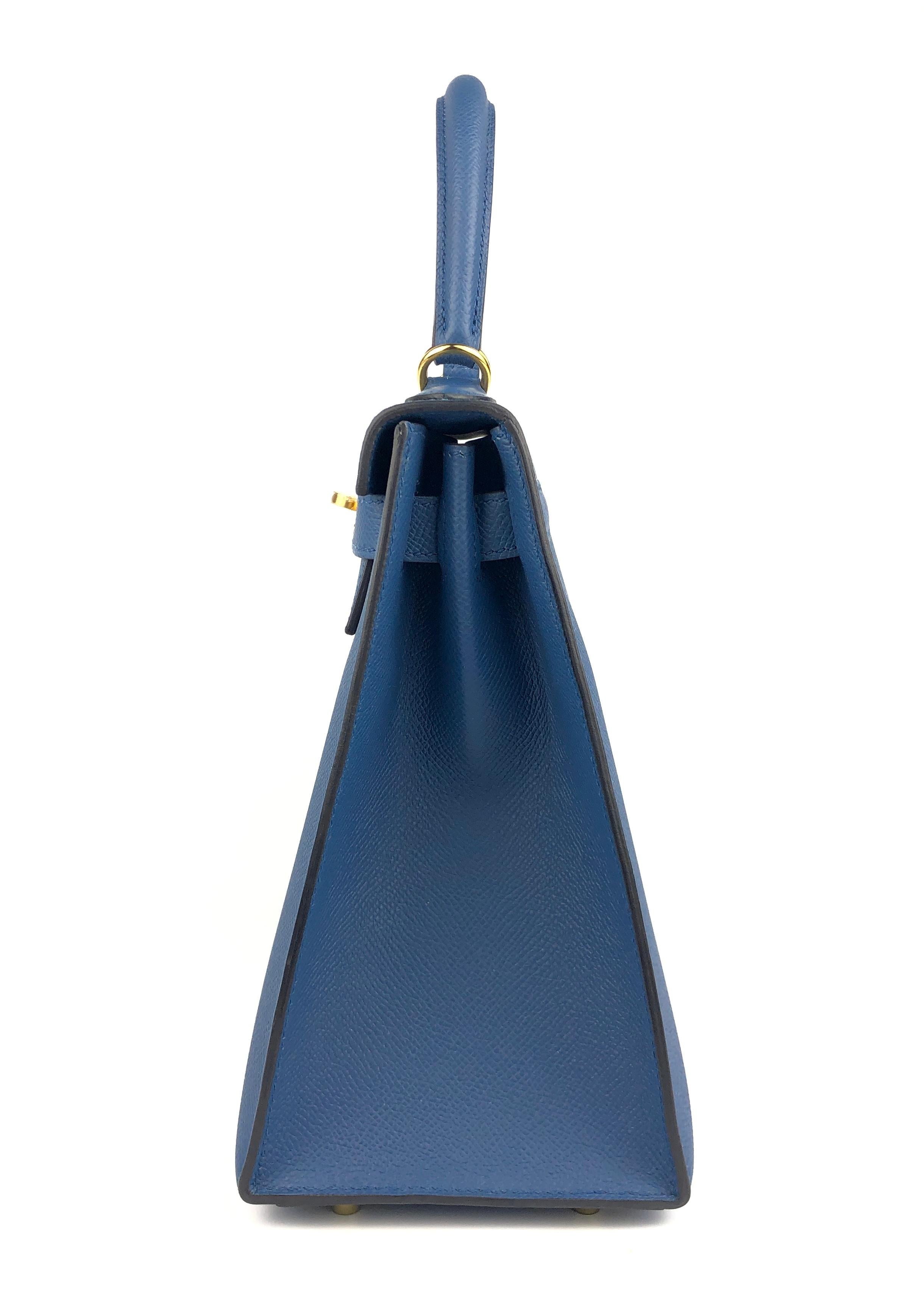 Women's or Men's Hermes Kelly 28 Sellier Blue Agate Epsom Leather Gold Hardware