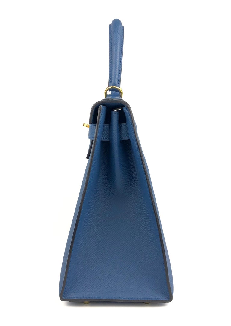 Hermes Kelly 28 Sellier Blue Agate Epsom Leather Gold Hardware For Sale 3