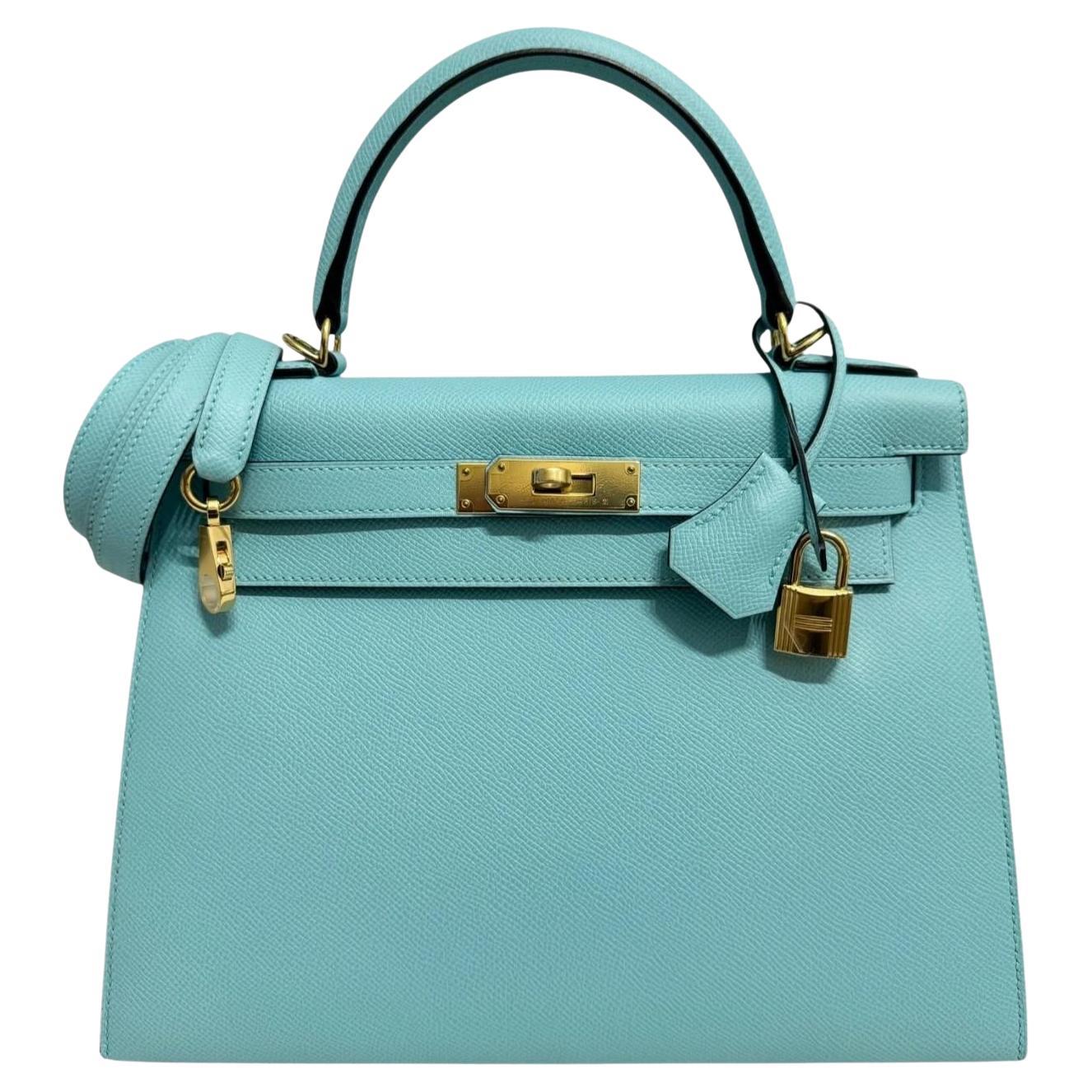 Hermes Kelly 28 Sellier Blue Atoll Epsom Leather Gold Hardware Shoulder Bag