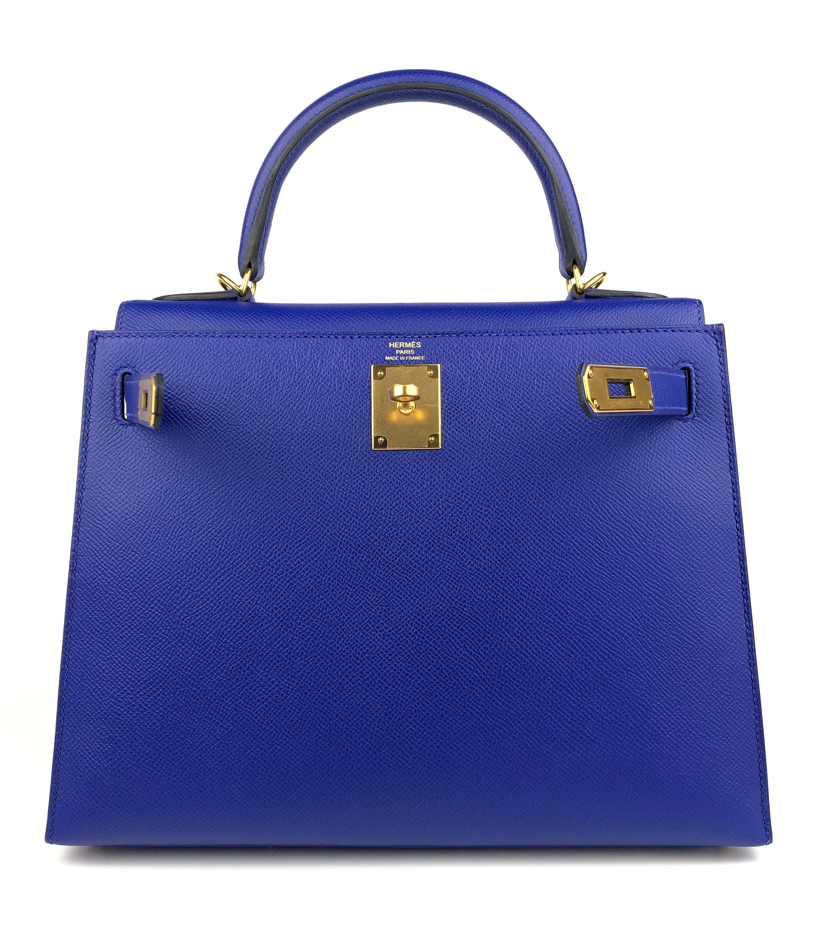 Purple Hermes Kelly 28 Sellier Blue Electric Epsom Leather Gold Hardware