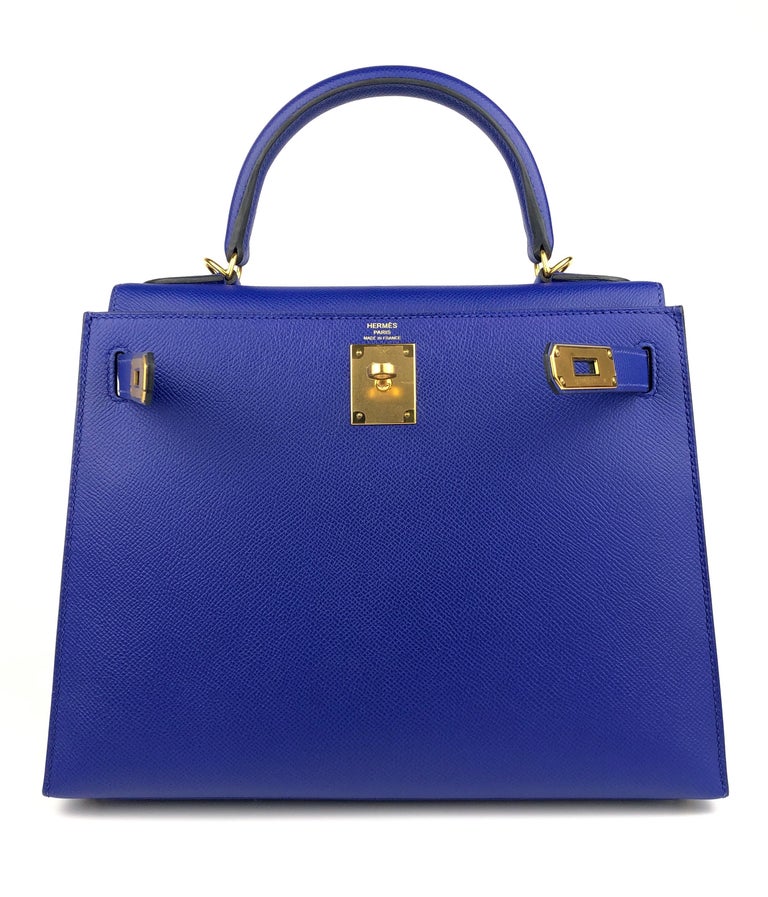 Purple Hermes Kelly 28 Sellier Blue Electric Epsom Leather Gold Hardware For Sale
