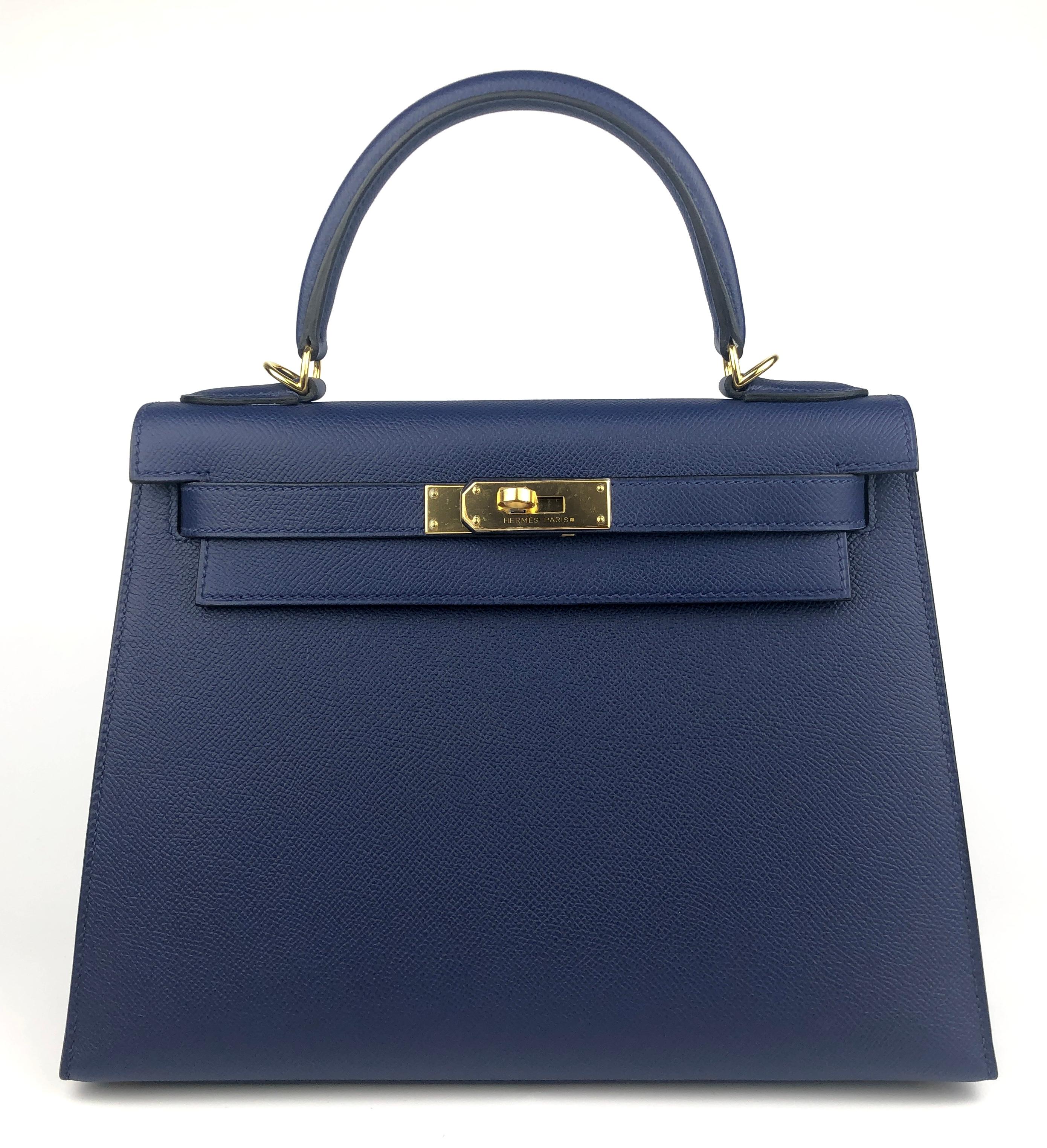 Absolutely Stunning Like New Hermes Kelly 28 Sellier Blue Sapphire Epsom Leather complimented by Gold Hardware. Plastic on all hardware and feet. 2015 T Stamp.

Shop with Confidence from Lux Addicts. Authenticity Guaranteed! 