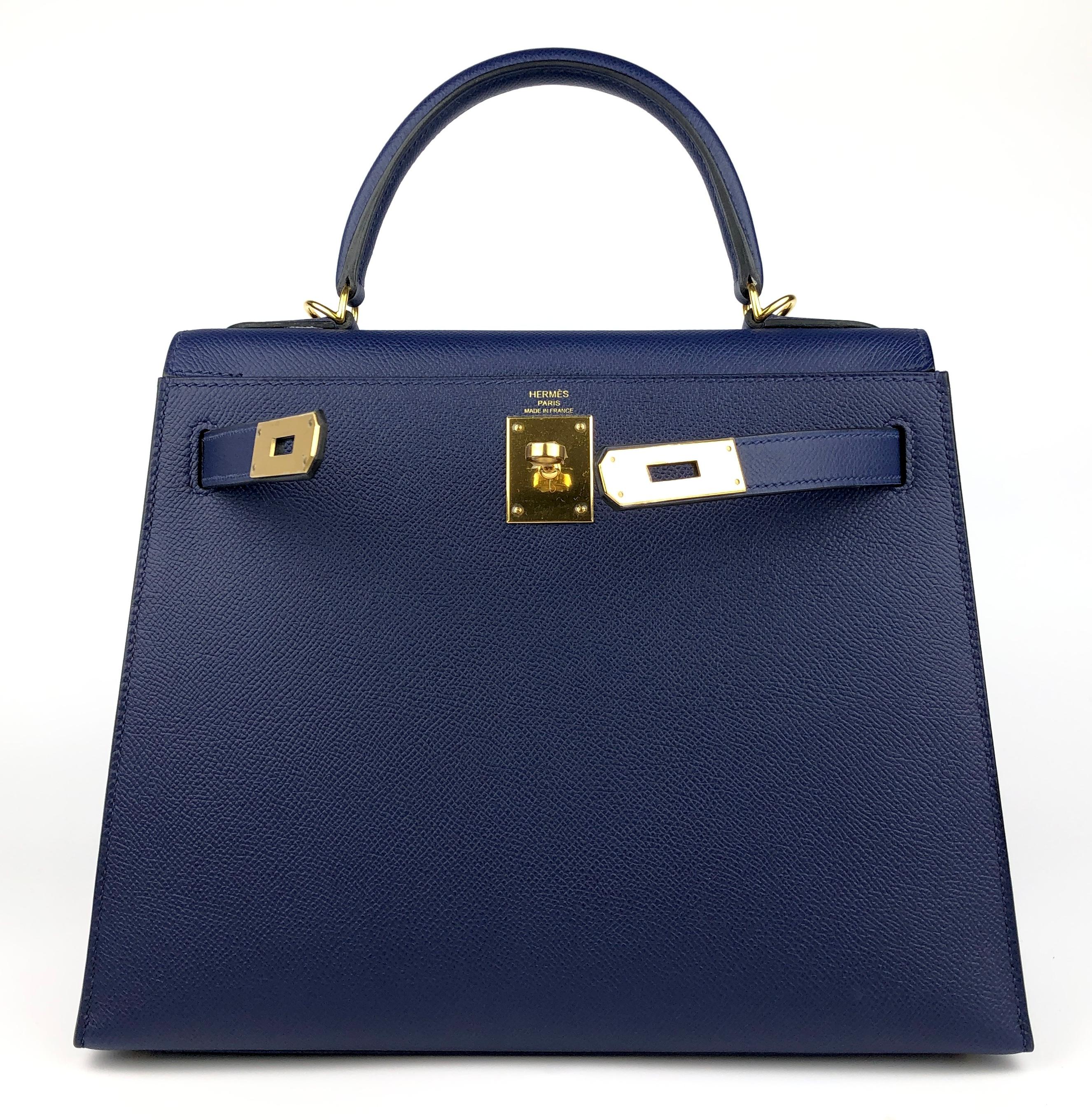 Purple Hermes Kelly 28 Sellier Blue Sapphire Epsom Leather Gold Hardware Shoulder Bag