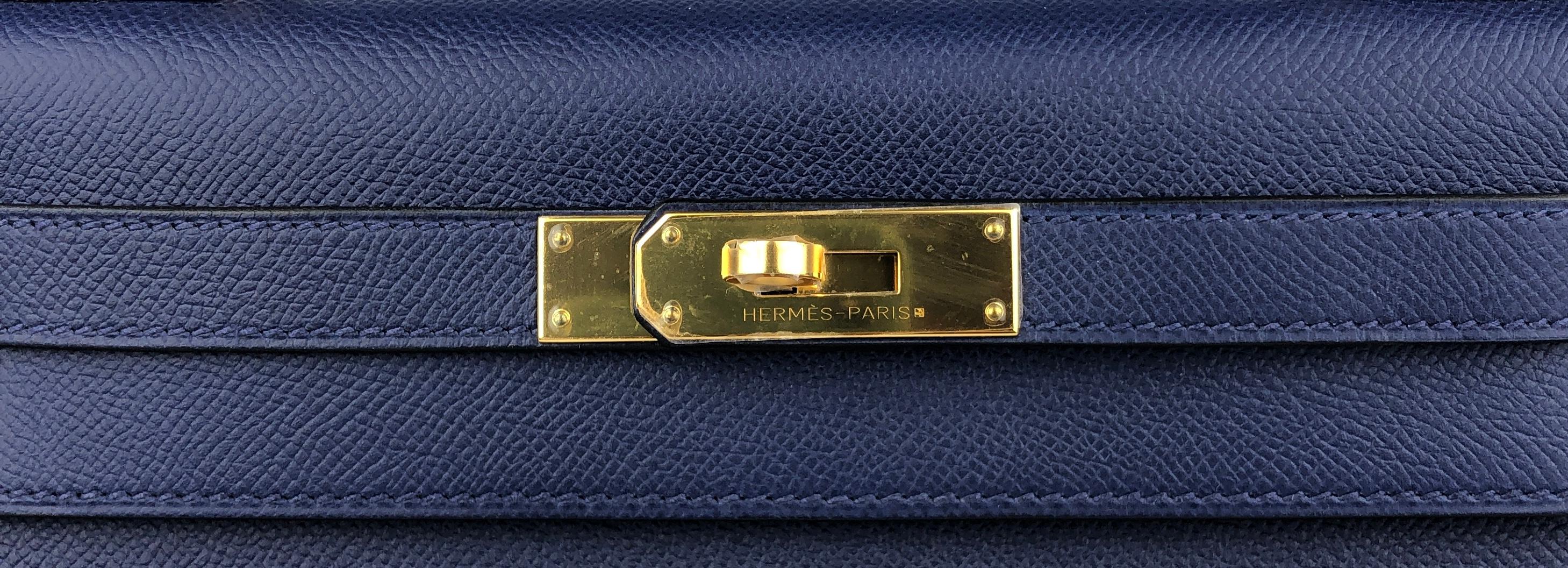 Women's or Men's Hermes Kelly 28 Sellier Blue Sapphire Epsom Leather Gold Hardware Shoulder Bag
