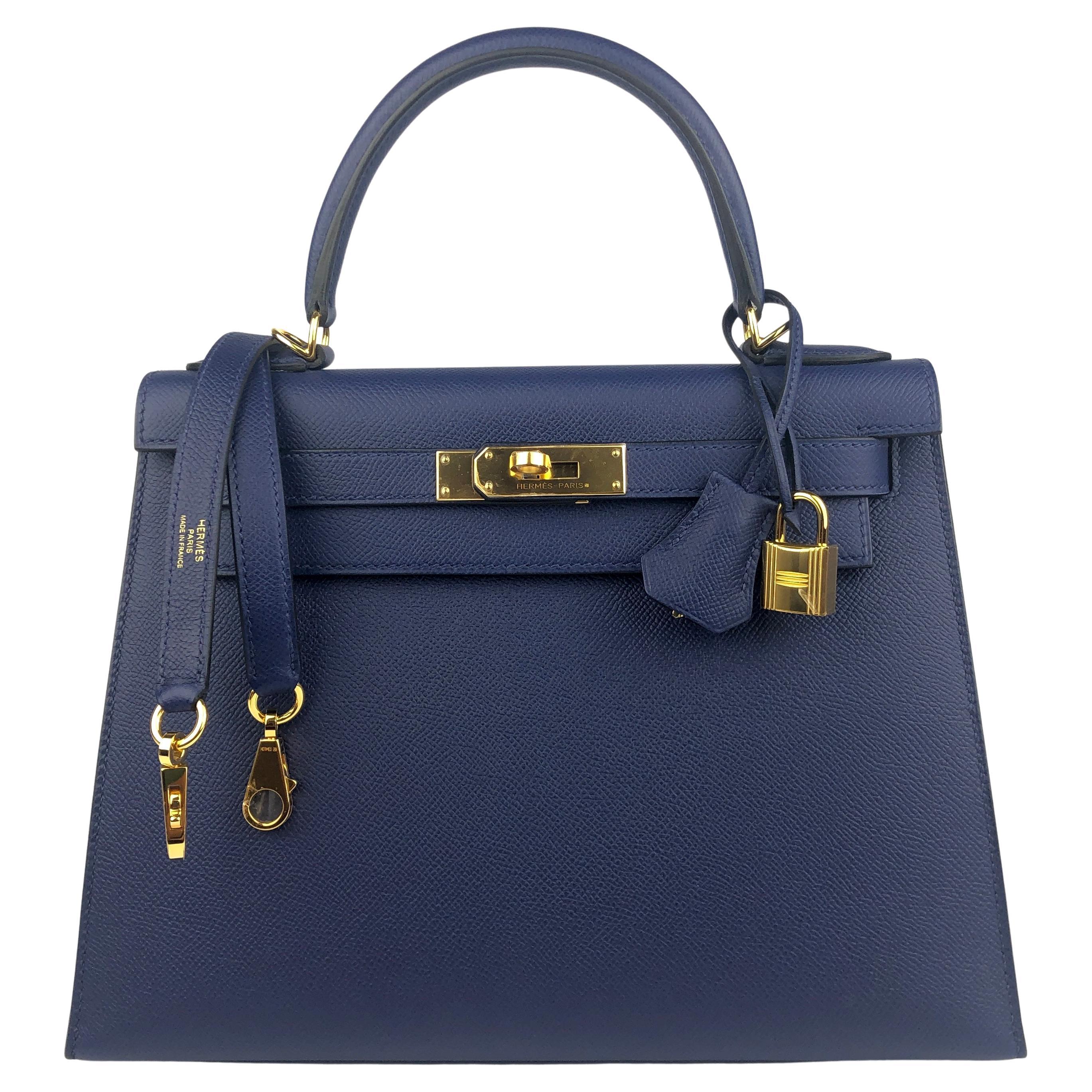 Hermes Kelly 28 Sellier Blue Sapphire Epsom Leather Gold Hardware Shoulder Bag