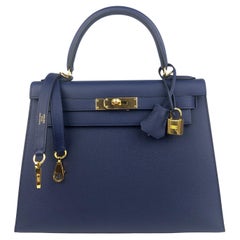 Hermes Kelly 28 Sellier Blue Sapphire Epsom Leather Gold Hardware Shoulder Bag