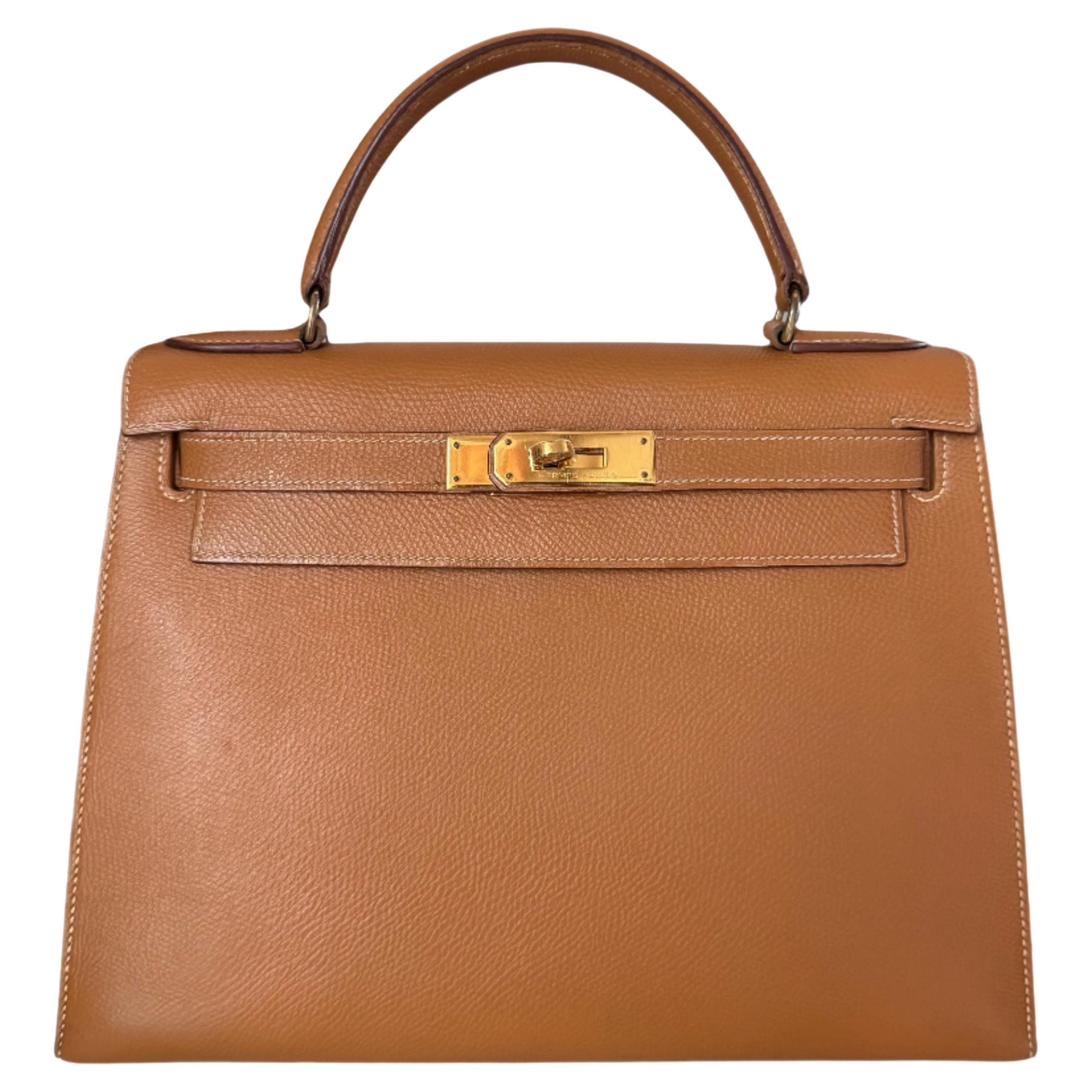 Hermes Kelly 28 Sellier Brown Gold Epsom Leather Gold Hardware 1985 For Sale