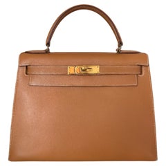 Hermes Kelly 28 Sellier Cuir d'Epsom brun doré Quincaillerie dorée 1985