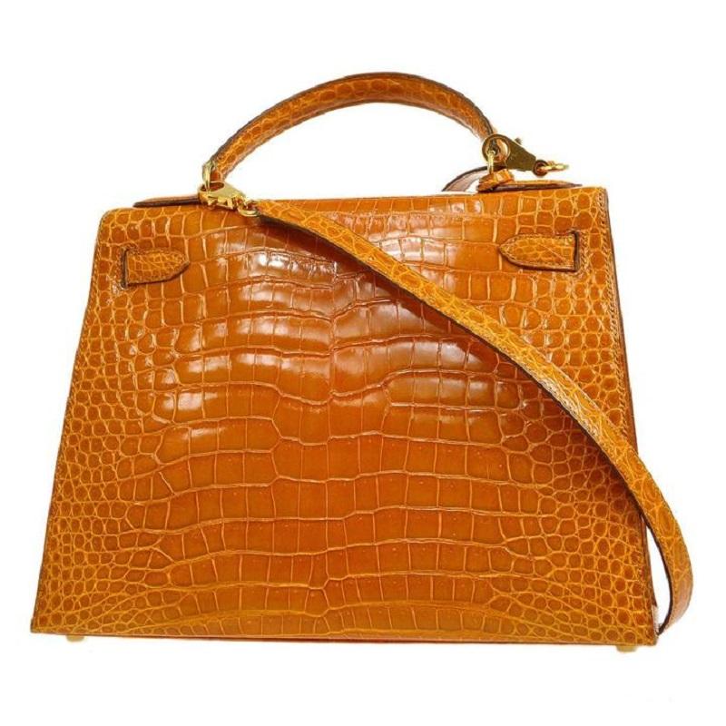 HERMES Kelly 28 Sellier Umhängetasche aus gebranntem Porosus-Krokodil und exotischem Leder im Zustand „Gut“ in Chicago, IL