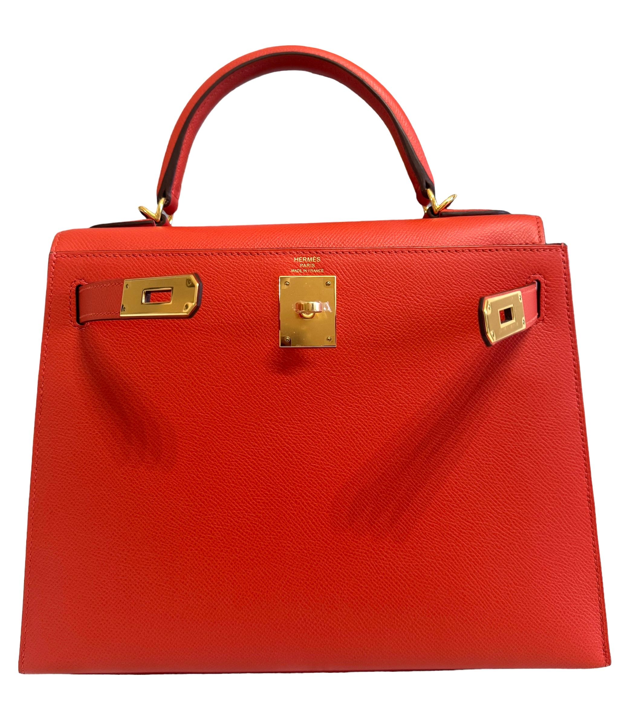 Hermes Kelly 28 Sellier Capucine Orange Red Epsom Leather Gold Hardware New In New Condition For Sale In Miami, FL