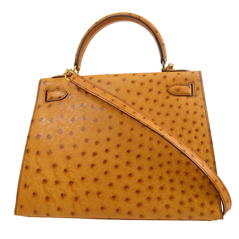 Pre-owned Hermes Kelly Sellier 28 Tangerine Ostrich Gold Hardware