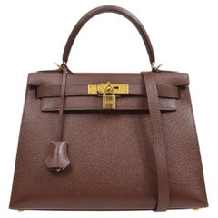 HERMES Kelly 28 Sellier Chocolate Brown Leather Gold Top Handle Handbag