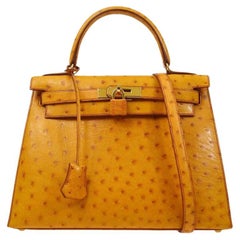 HERMES Kelly 28 Sellier Cognac Ostrich Exotic Gold Top Handle Shoulder Tote Bag