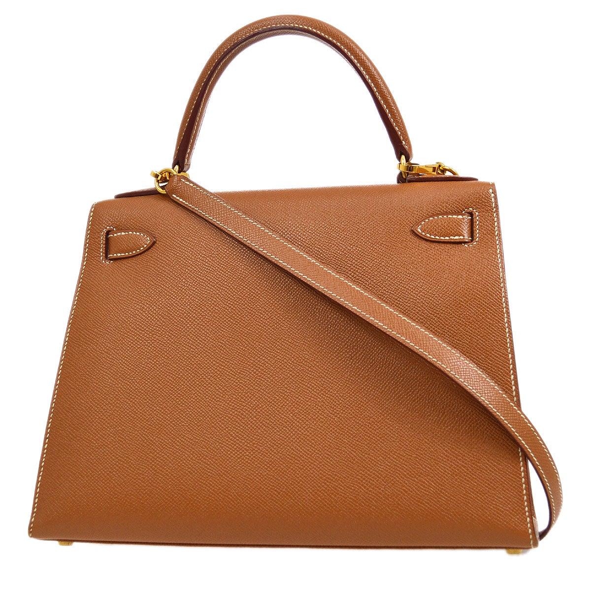 HERMES Kelly 28 Sellier Cognac Tan Brown Courchevel Gold Top Handle Shoulder Bag In Good Condition In Chicago, IL