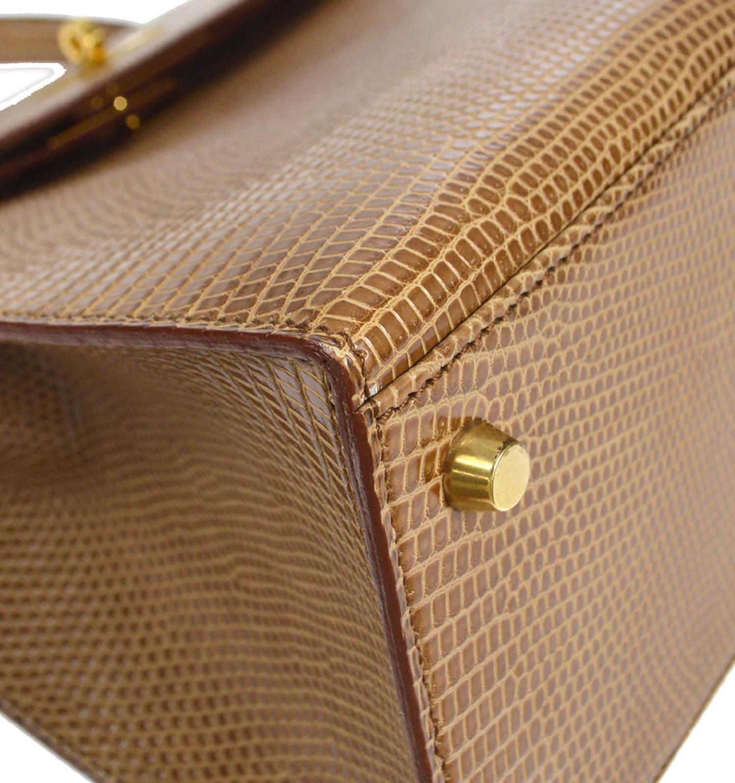 HERMES Kelly 28 Sellier Cognac Tan Brown Lizard Exotic Gold Top Handle Bag In Good Condition In Chicago, IL