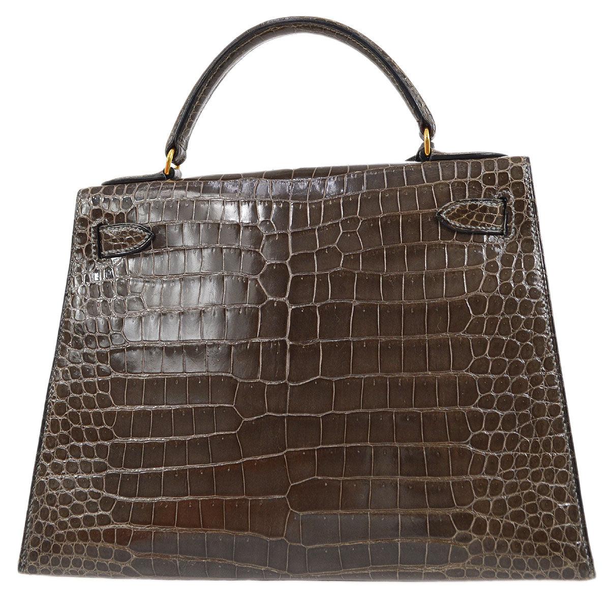 Black HERMES Kelly 28 Sellier Dark Chocolate Brown Porosu Crocodile Exotic Leather Bag