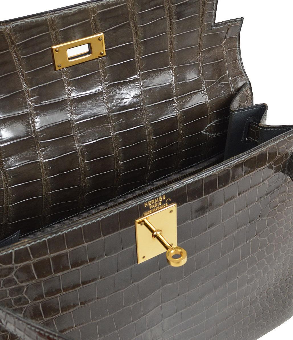 HERMES Kelly 28 Sellier Dark Chocolate Brown Porosu Crocodile Exotic Leather Bag 1