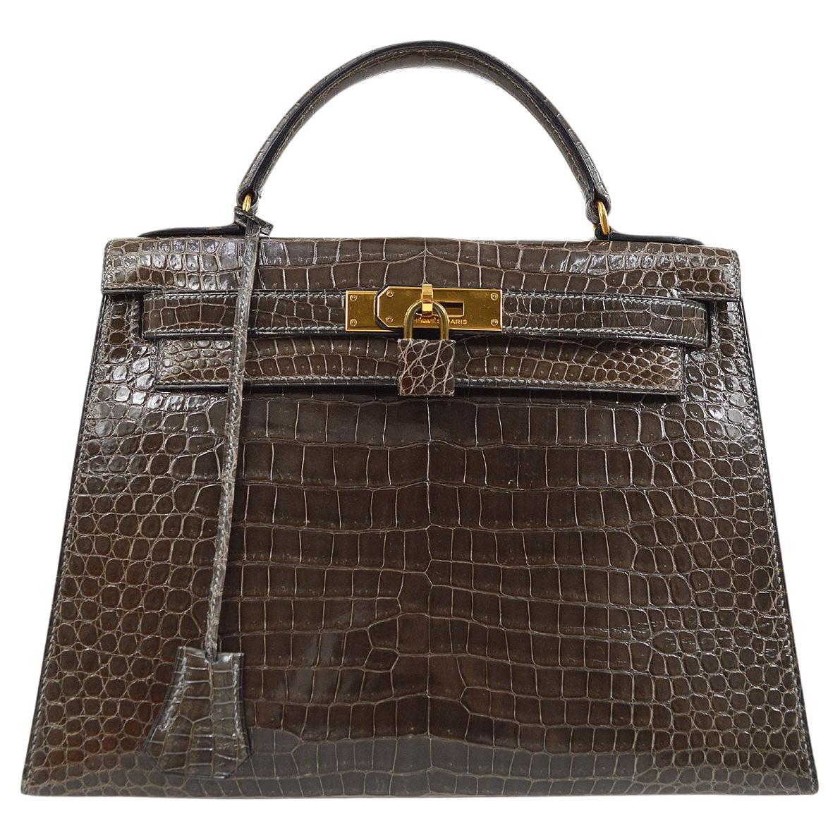 HERMES Kelly 28 Sellier Dark Chocolate Brown Porosu Crocodile Exotic Leather Bag
