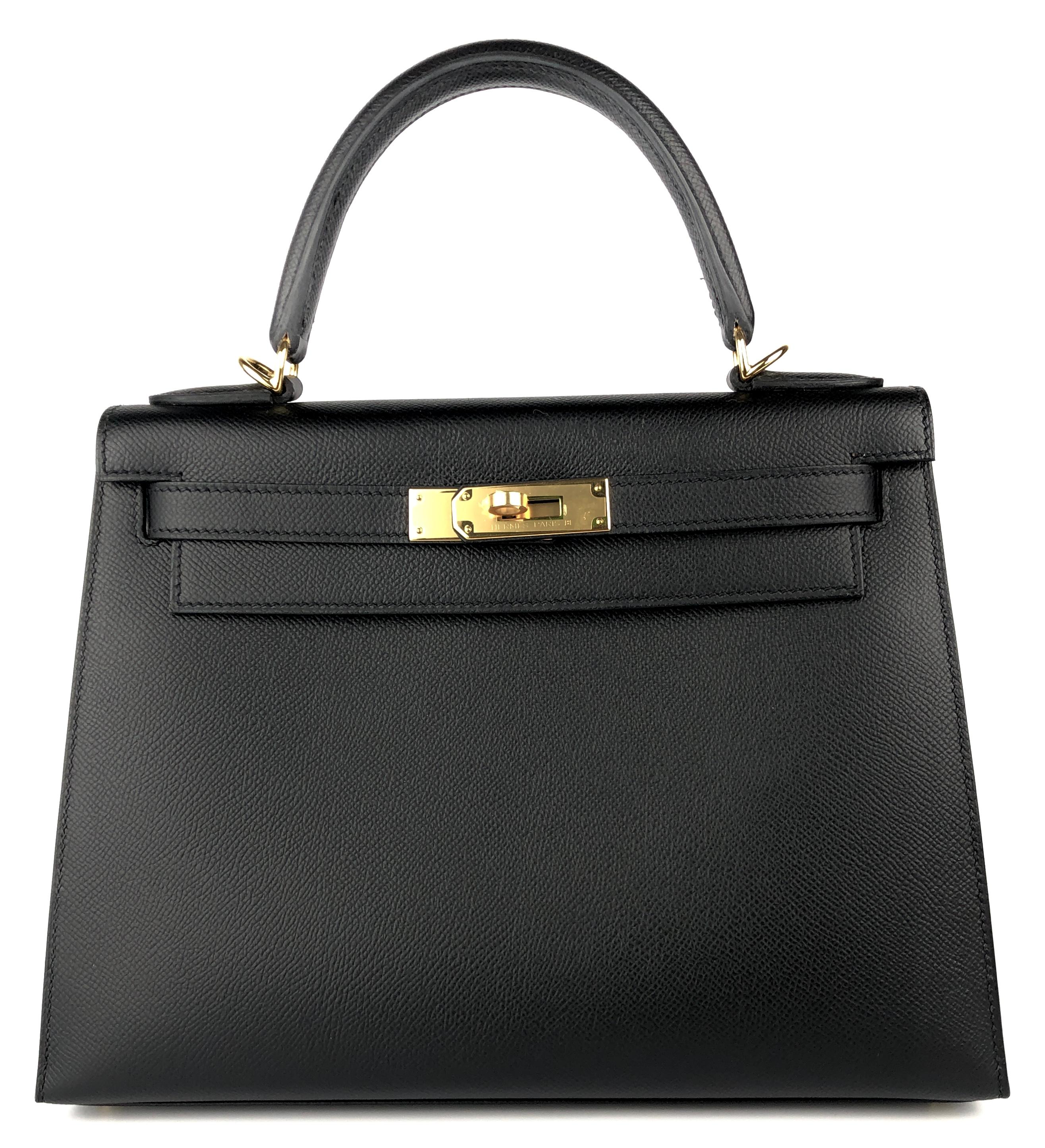 Absolutely Stunning Rare As New Hermes Kelly 28 Sellier Black Noir Epsom Leather complimented by Gold Hardware. As New with Plastic on all hardware and feet. 2019 D Stamp. 

Shop with Confidence from Lux Addicts. Authenticity Guaranteed! 

Lux