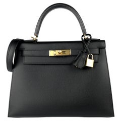 HERMÈS Hermès Kelly 28 Black Boxcalf Gold on SALE