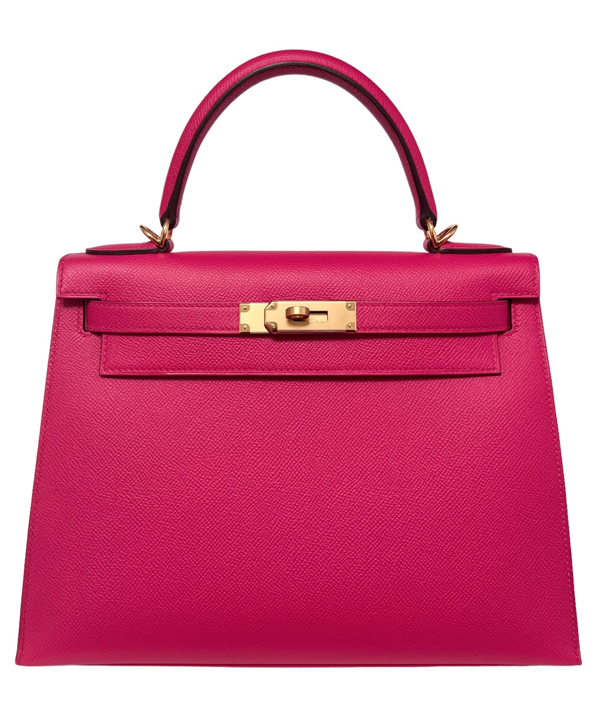 Absolutely Stunning Rare As New Hermes Kelly 28 Sellier Rose Extreme Pink Epsom Leather complimented by Gold Hardware. As New with Plastic on all hardware and feet. 2019 D Stamp. 

Shop with Confidence from Lux Addicts. Authenticity Guaranteed!