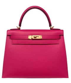 Hermes Kelly 28 Sellier Epsom Leather Rose Extreme Pink Palladium Hardware NEW