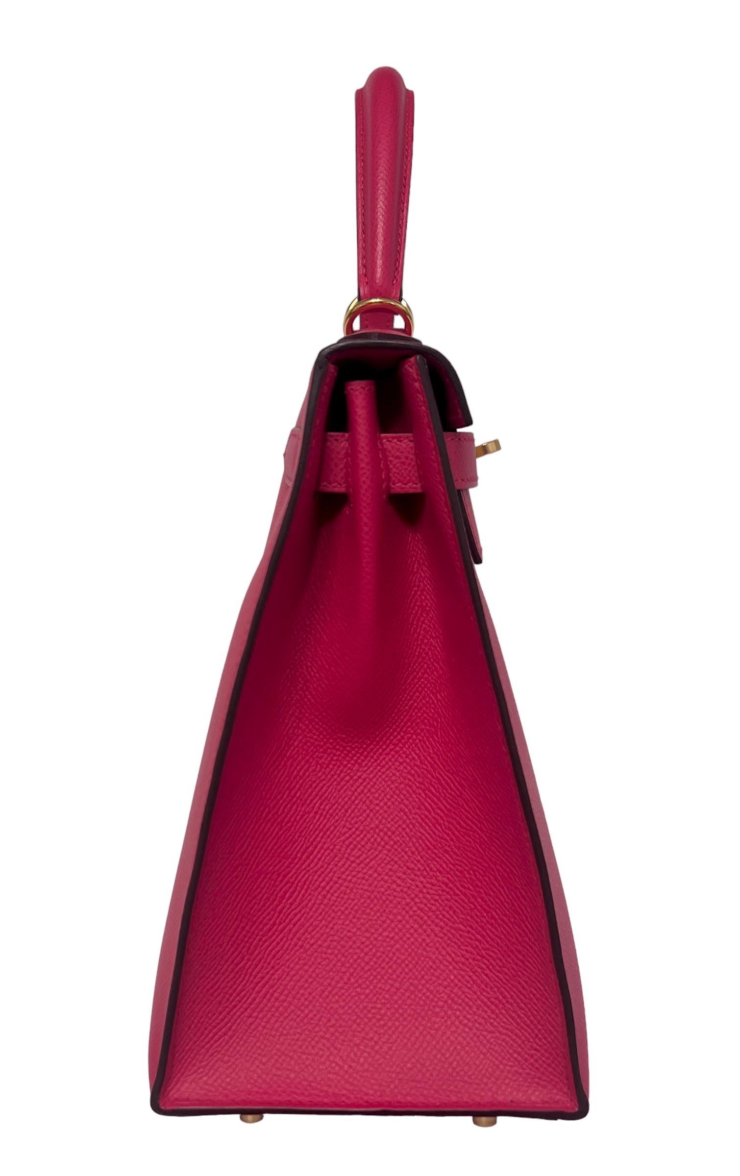 Hermès Sac Kelly 28 Sellier en cuir Epsom rose extrême et finitions métalliques en palladium, NEUF en vente 2