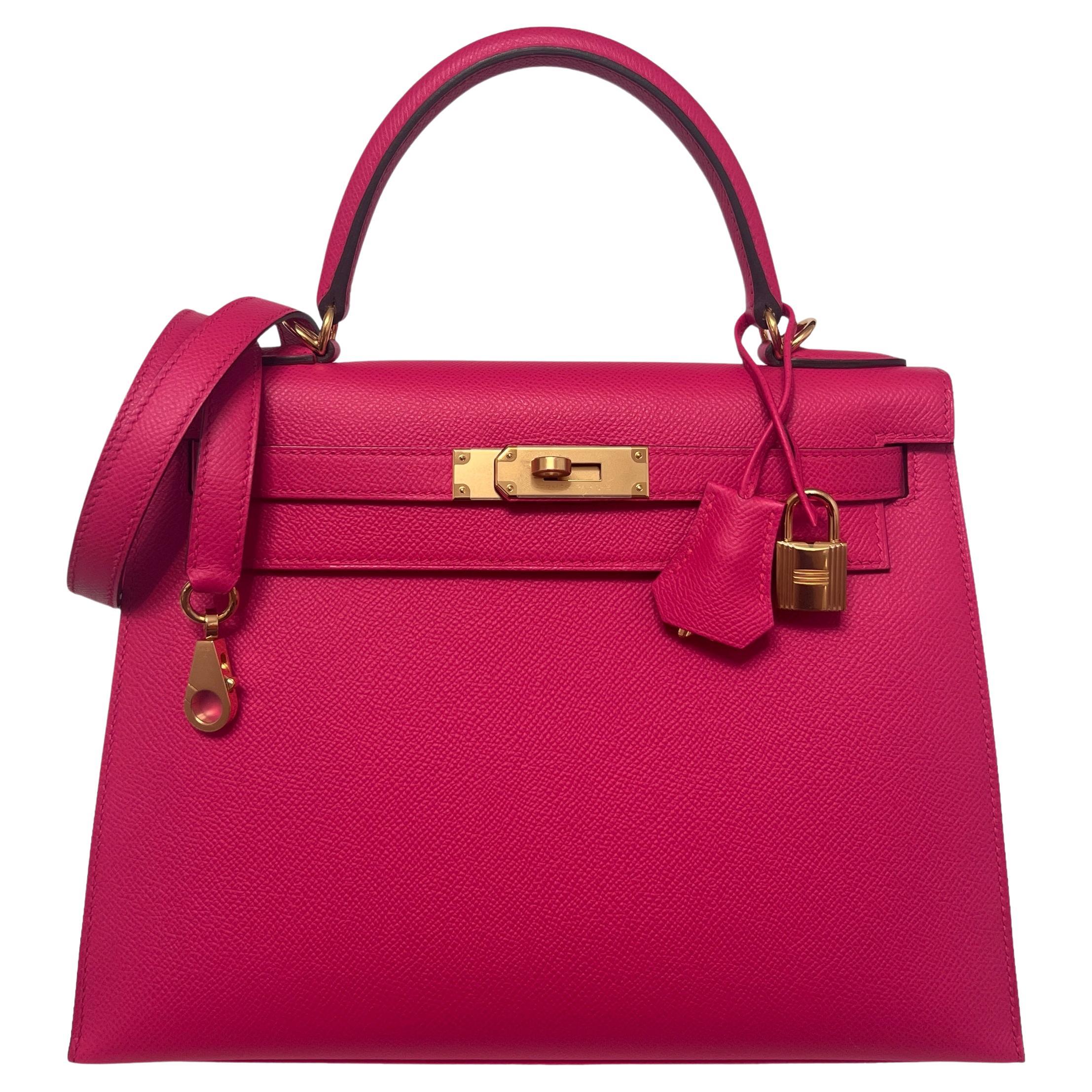 Hermès Sac Kelly 28 Sellier en cuir Epsom rose extrême et finitions métalliques en palladium, NEUF en vente