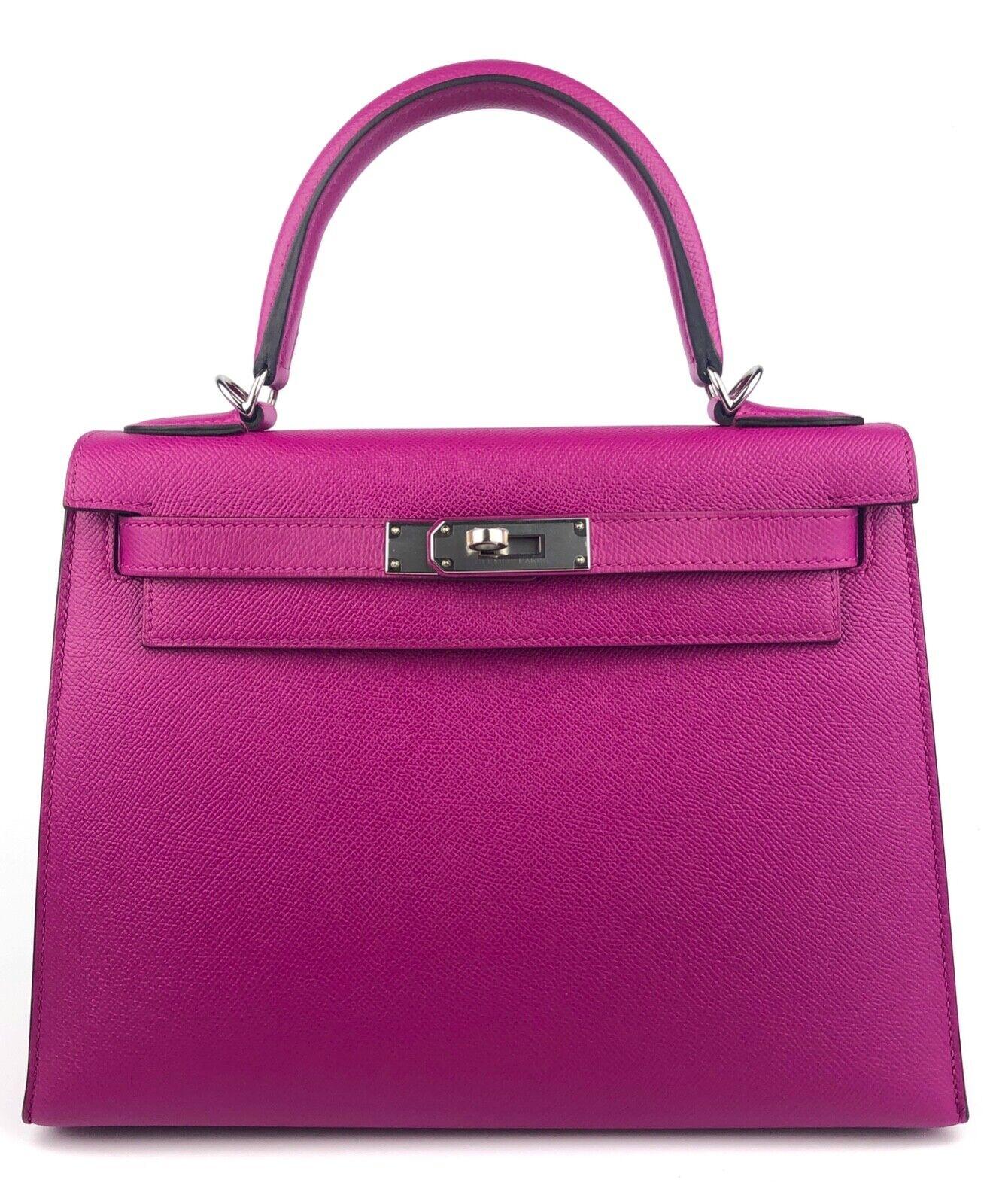 Absolutely Stunning Almost Like New Hermes Kelly 28 Sellier Rose Pourpre Epsom Leather complimented by Palladium Hardware. Pristine Plastic on all hardware and feet. Only worn a few times.

Shop with Confidence from Lux Addicts. Authenticity