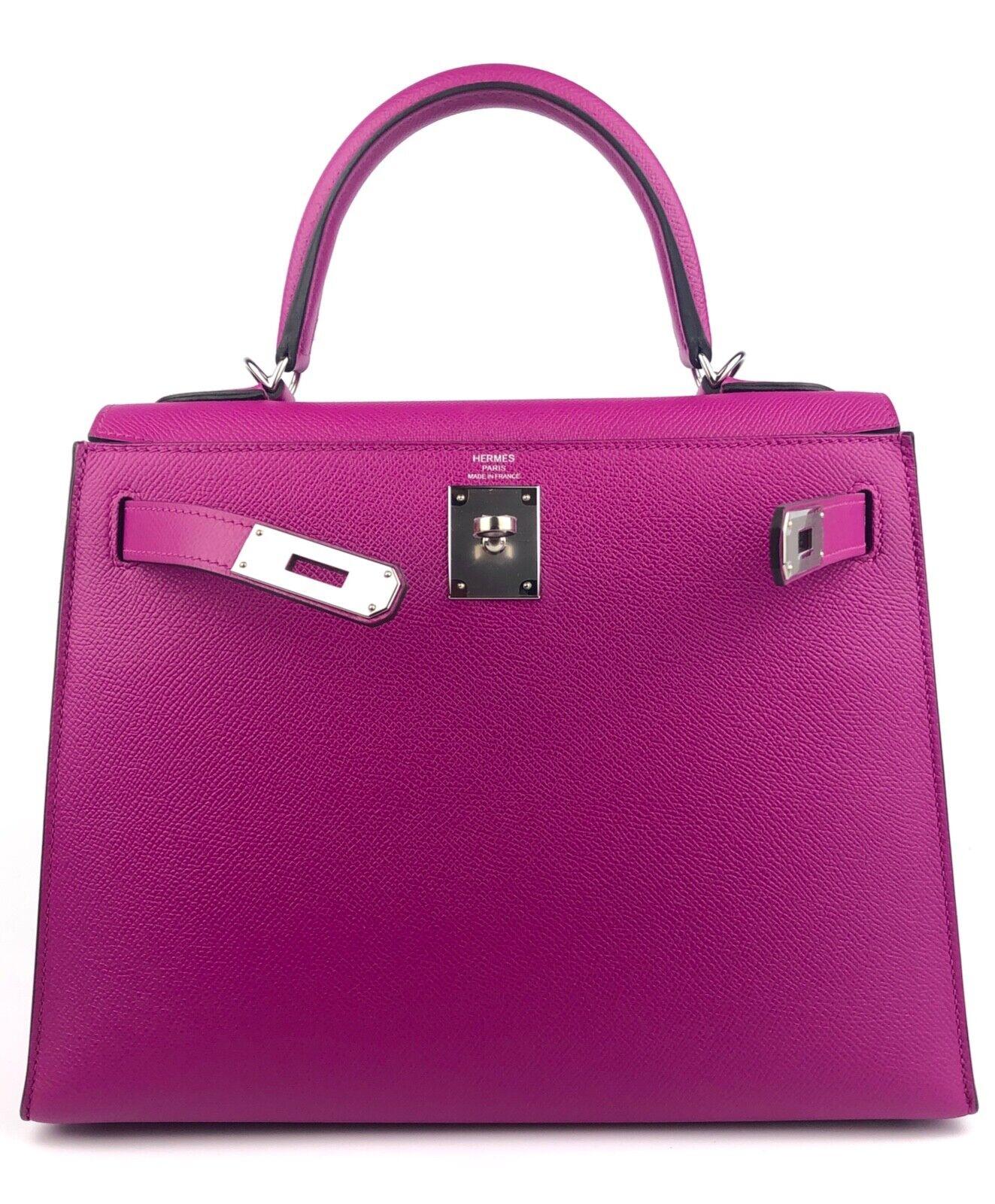 Hermes Kelly 28 Sellier Epsom Leather Rose Pourpre Pink Palladium Hardware In Excellent Condition In Miami, FL