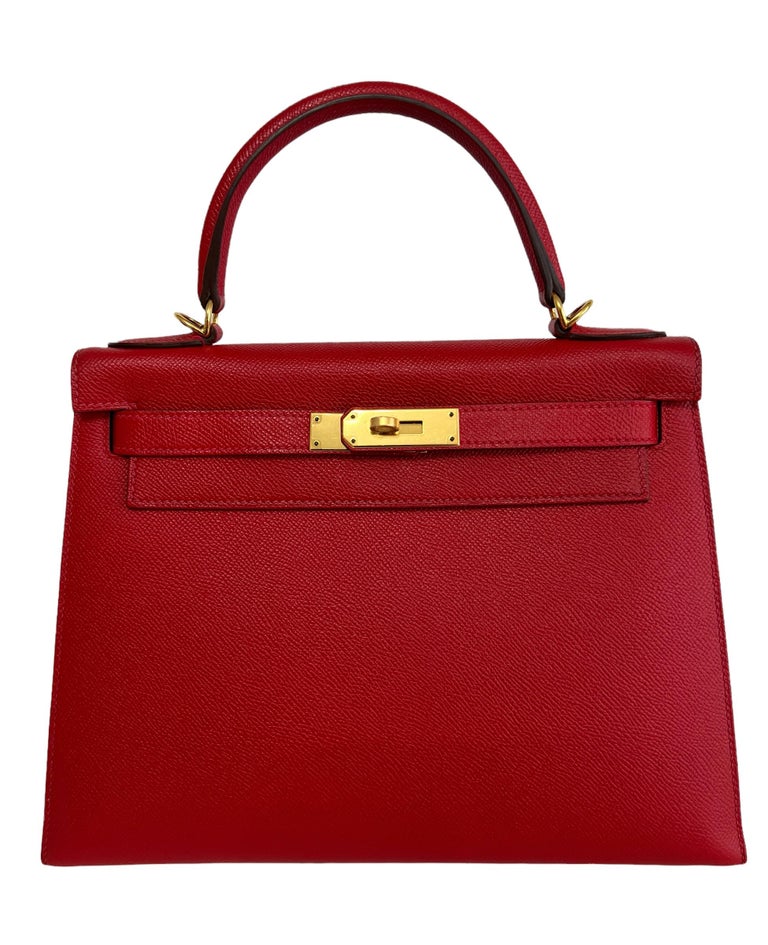 Hermes Kelly 28 Sellier Epsom Leather Rouge Casaque Red Gold