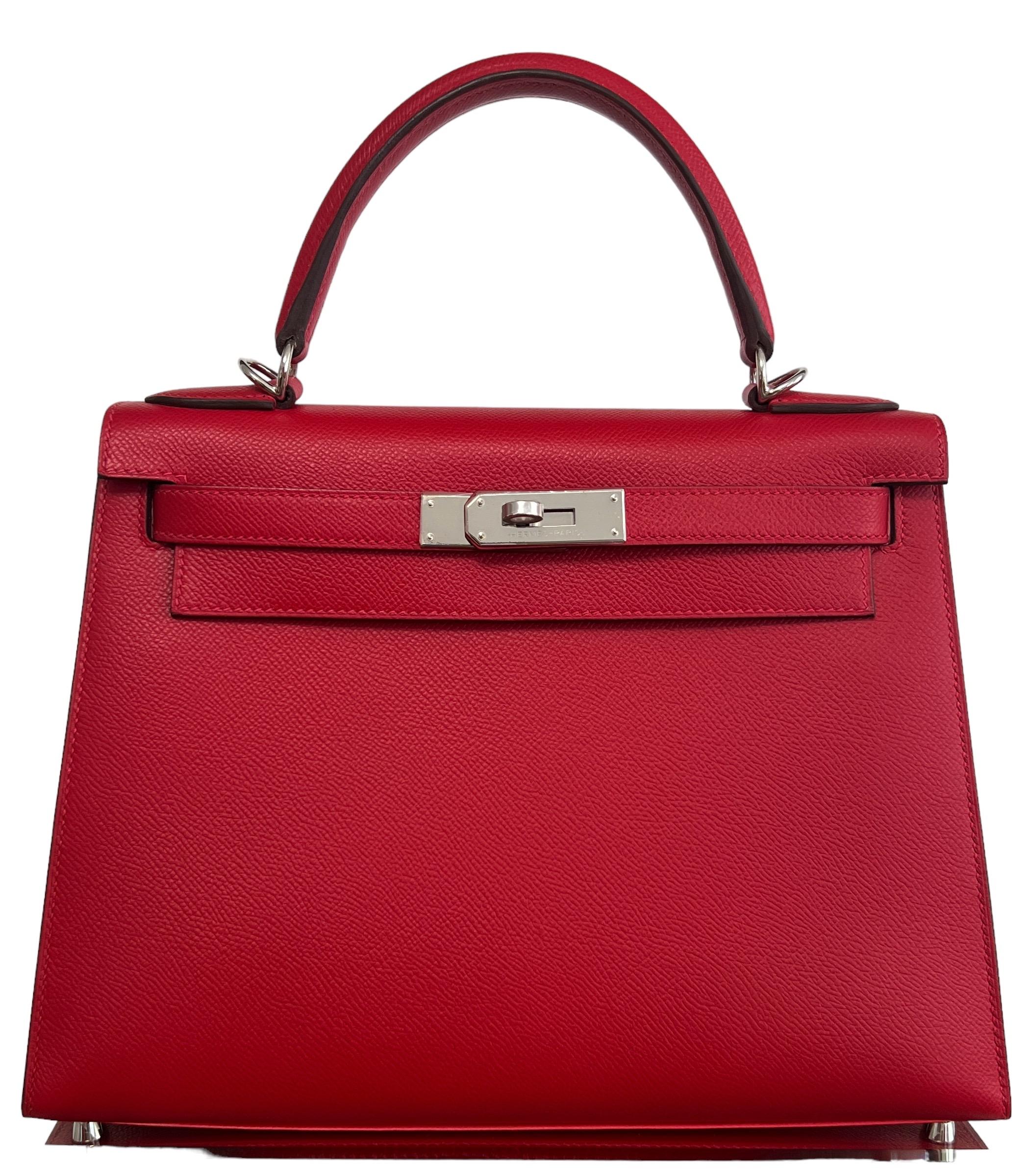 Beautiful As New 2020 Hermes Kelly 28 Sellier Rouge Casaque Epsom Leather. Complimented by Palladium Hardware. Excellent Pristine Condition with Plastic on Hardware. 2020 Y Stamp. 

Shop with Confidence from Lux Addicts. Authenticity Guaranteed!