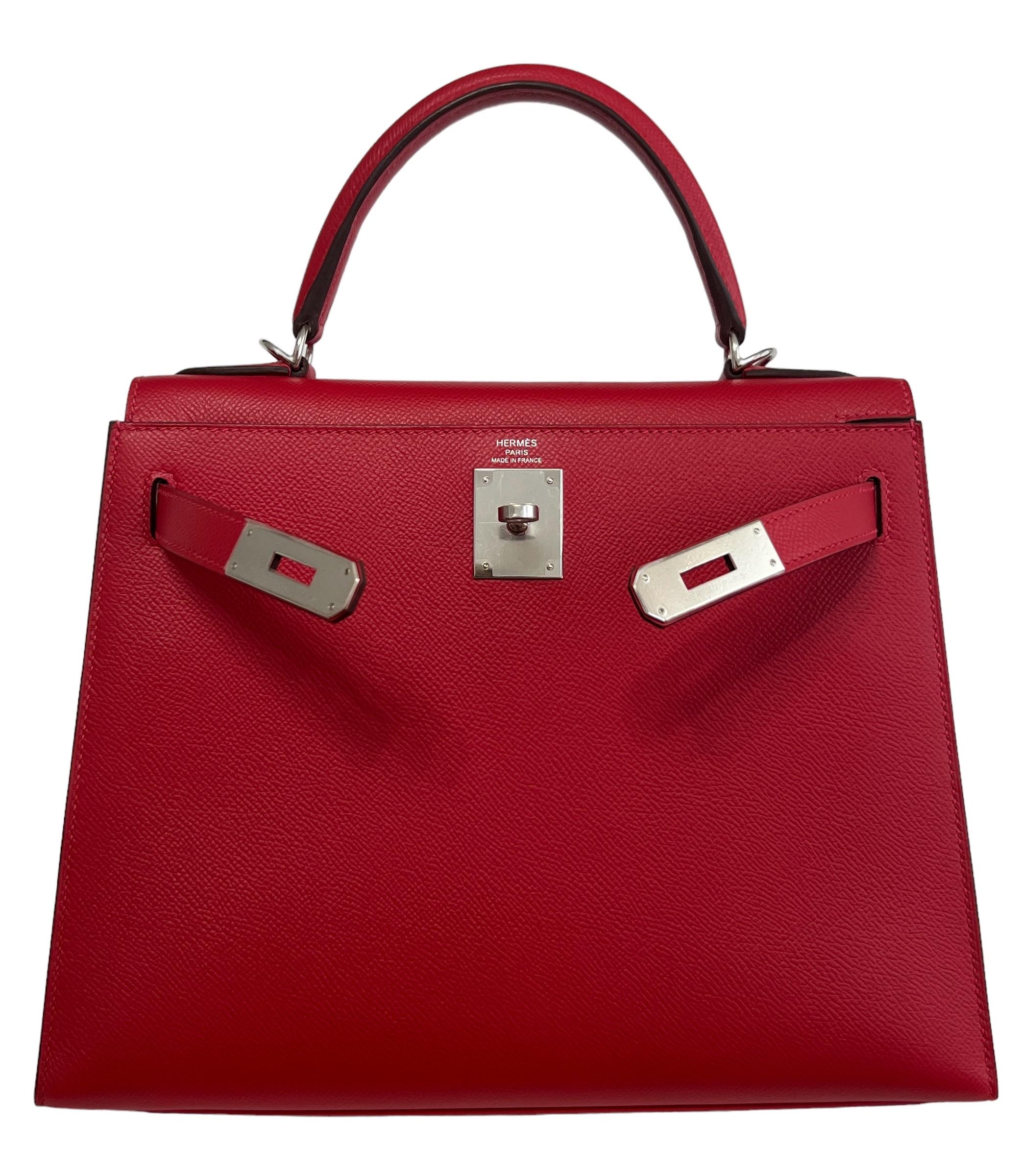 Women's or Men's Hermes Kelly 28 Sellier Epsom Leather Rouge Casaque Red Palladium Hardware NEW