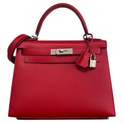 Hermes Kelly 28 Sellier Epsom Leather Rouge Casaque Red Palladium Hardware NEW