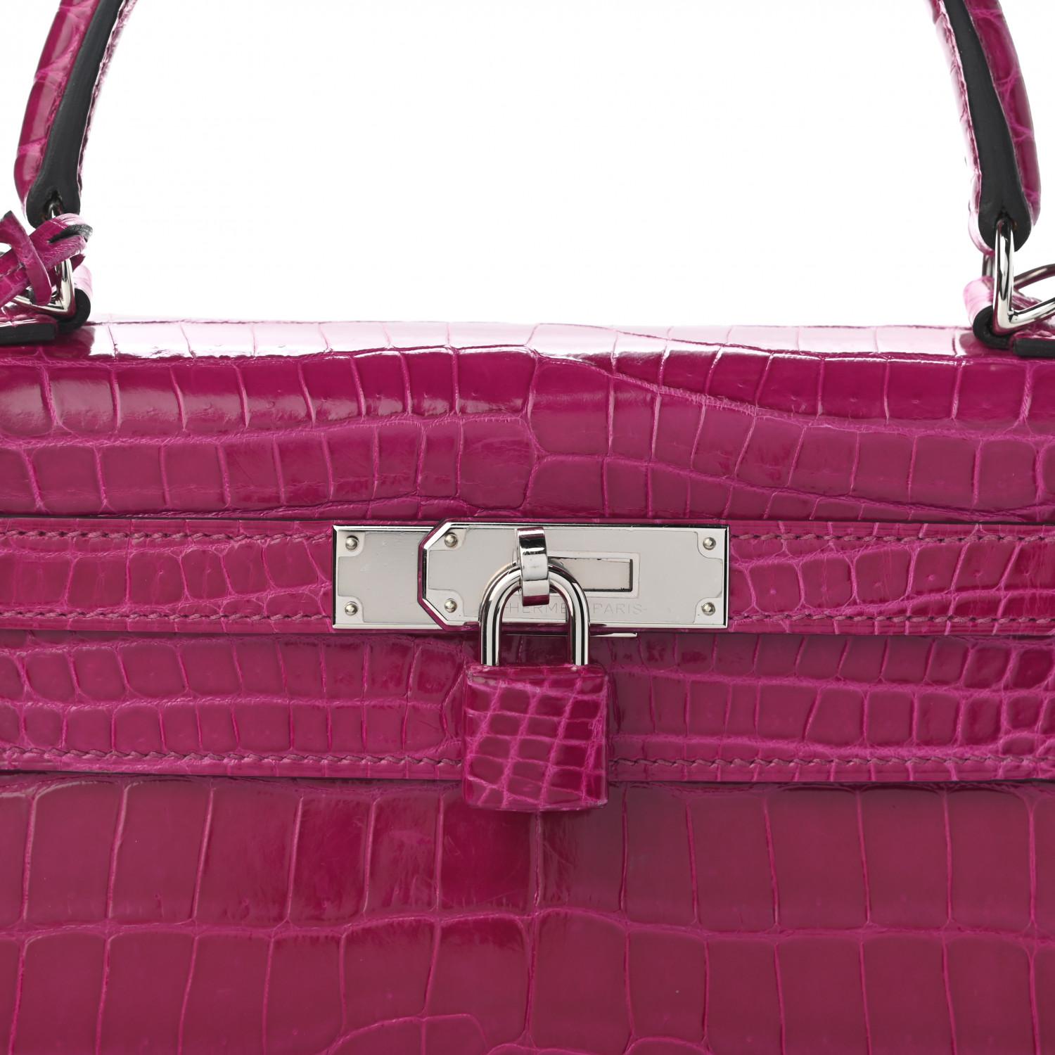 Women's HERMES Kelly 28 Sellier Exotic Crocodile Pink Purple Rose Shoulder Tote Bag