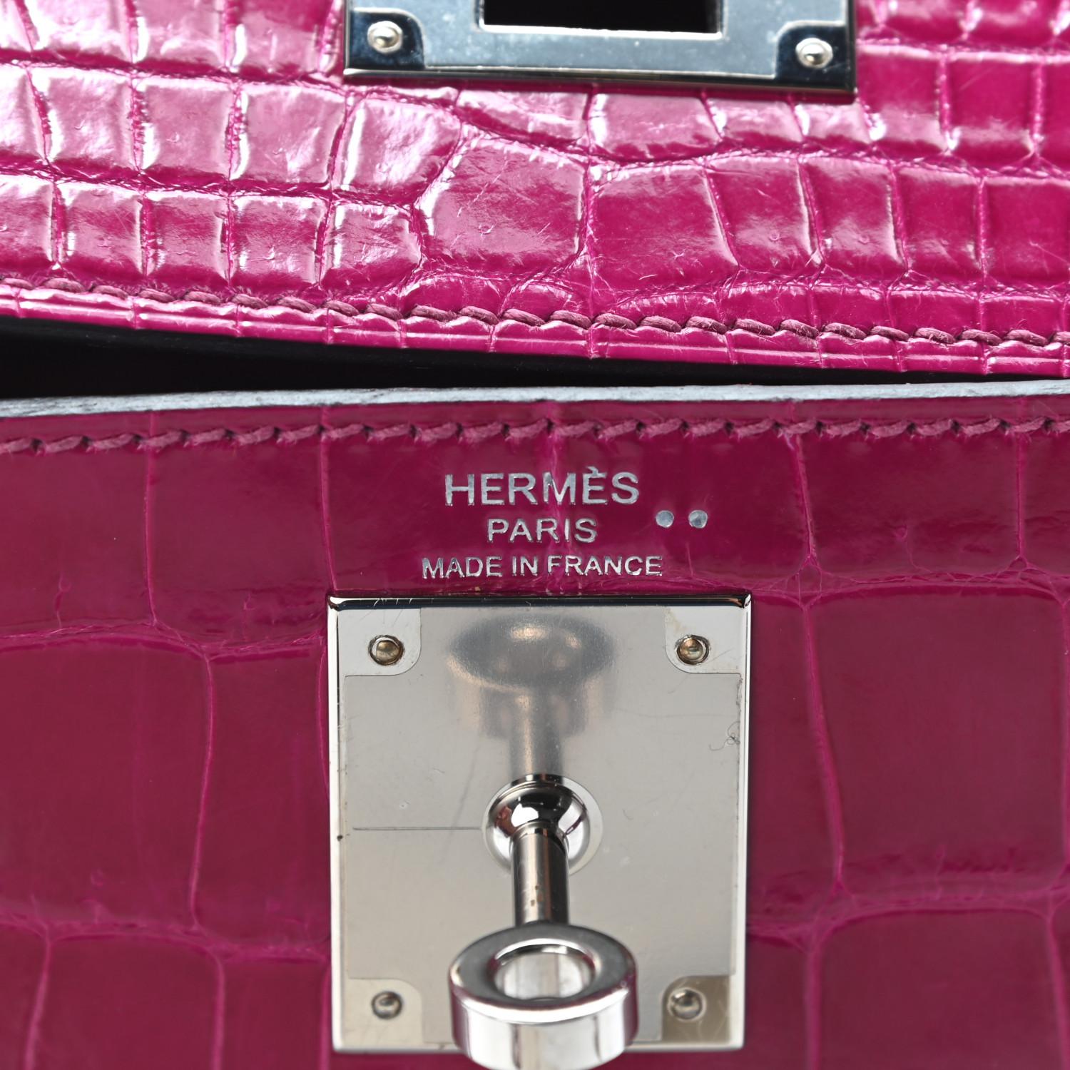 HERMES Kelly 28 Sellier Exotic Crocodile Pink Purple Rose Shoulder Tote Bag 1